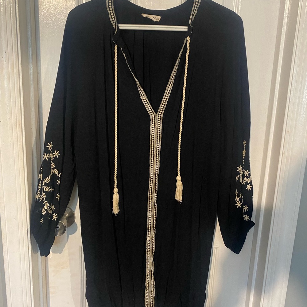 Black Embroidered Tunic with Tassels